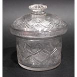 A 19TH CENTURY IRISH CUT GLASS PRESERVE JAR WITH LID, circa 1820, decoration of crosshatch design