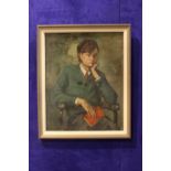 MOLLIE MAGUIRE, "PORTRAIT OF A YOUNG MAN, WITH A BOOK", oil on canvas board, signed lower left