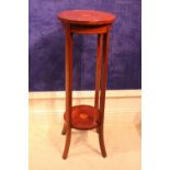 A MAHOGANY INLAID JARDINERE STAND / PLANT STAND, with round top and splayed legs, united by a