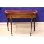 A FINE REGENCY IRISH DEMI LUNE CALAMANDER & SATINWOOD CROSSBANDED FOLD OVER TEA TABLE, with string