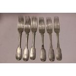 A SET OF 6 IRISH SILVER DINNER FORKS, each with ‘Old English fiddle’ shape, engraved with an