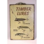 A DECORATIVE SIGN, with fishing flies, 'Timber Lures', metal