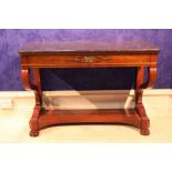 A FINE WILLIAM IV MARBLE TOPPED CONSOLE TABLE, single frieze drawer, with 'S' shaped scroll tipped