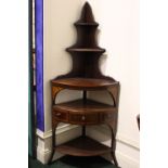 A VERY FINE MAHOGANY INLAID ‘WHAT-NOT’ CORNER CABINET, 5 tier, with bow front, single drawer flanked