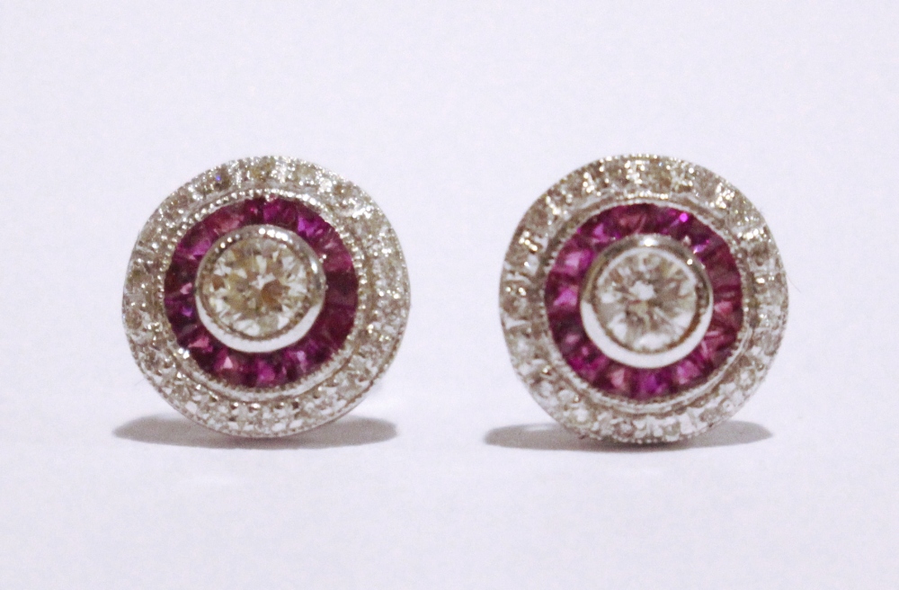 A PAIR OF 18CT WHITE GOLD RUBY & DIAMOND 'TARGET' EARRINGS, Art Deco Style