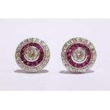 A PAIR OF 18CT WHITE GOLD RUBY & DIAMOND 'TARGET' EARRINGS, Art Deco Style