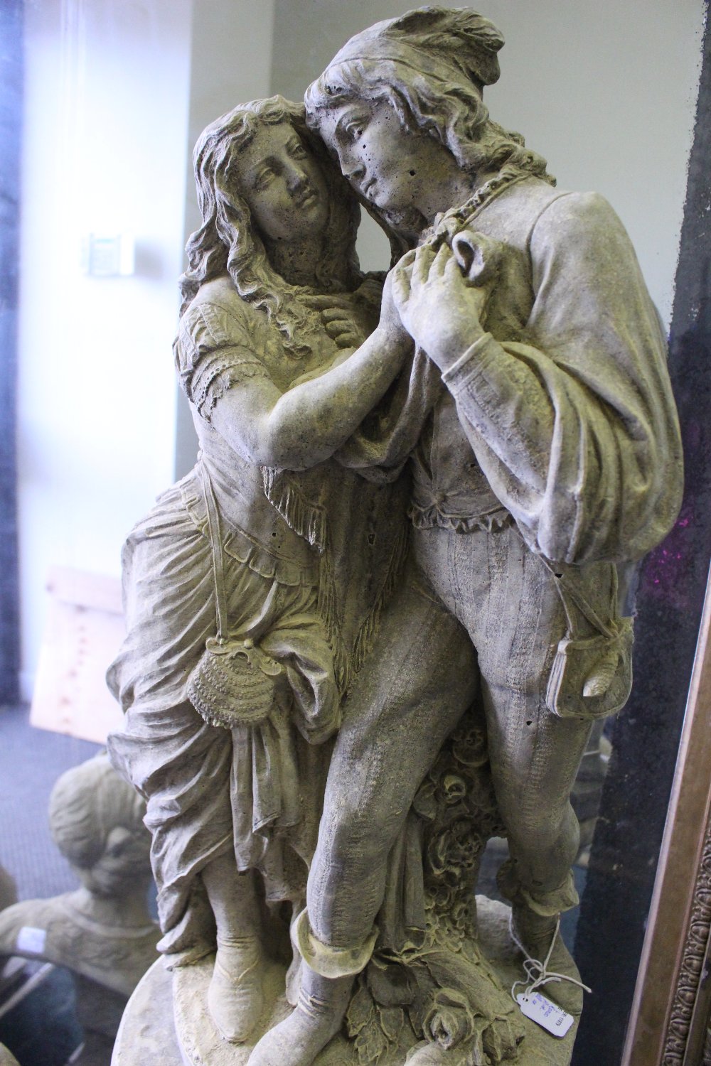 A GARDEN ORNAMENT, in the form of Romeo & Juliet, standing on a column support, 56" tall approx - Image 2 of 3