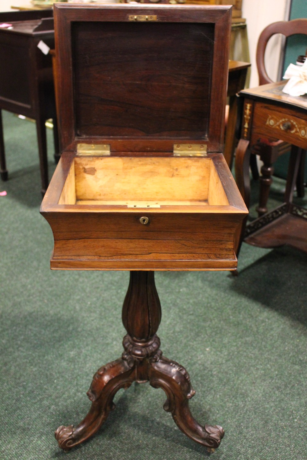 A ROSEWOOD WORK BOX, with concave body, graduated tapered lid, raised on fluted baluster shaped - Image 3 of 5