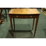 AN EARLY 20TH CENTURY MAHOGANY BOW FRONTED SIDE TABLE, with a pair of string inlaid frieze