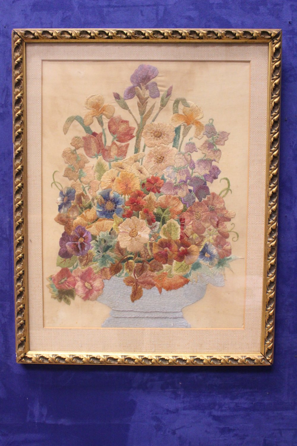 EARLY 20TH CENTURY FRAMED SAMPLER, "STILL LIFE FLOWER", embroidered picture, 21" x 16" approx