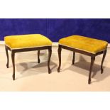 A PAIR OF MAHOGANY STRING INLAID STOOLS, with cabriole leg, 19" x 22" x 17" approx