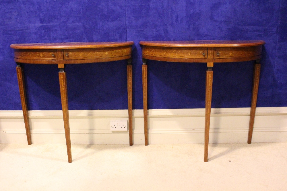 A VERY FINE PAIR OF LATE 19TH CENTURY CROSSBANDED ROSEWOOD DEMI LUNE CONSOLE TABLES, each with a - Image 2 of 6