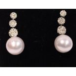A PAIR OF 18CT WHITE GOLD SOUTH SEA PEARL EARRINGS WITH DIAMONDS, diamonds 1.95ct