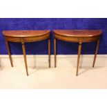 A VERY FINE PAIR OF LATE 19TH CENTURY CROSSBANDED ROSEWOOD DEMI LUNE CONSOLE TABLES, each with a