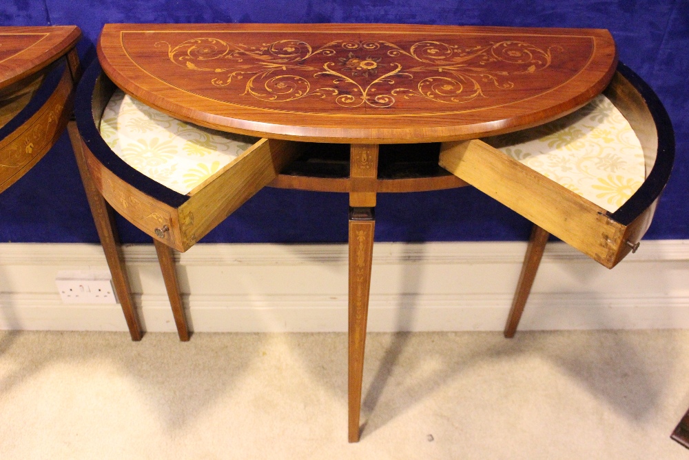 A VERY FINE PAIR OF LATE 19TH CENTURY CROSSBANDED ROSEWOOD DEMI LUNE CONSOLE TABLES, each with a - Image 6 of 6