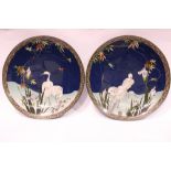 A PAIR OF CLOISONNÉ PLATES, JAPANESE MEJI PERIORD, circa 1868 - 1912, each decorated with cranes