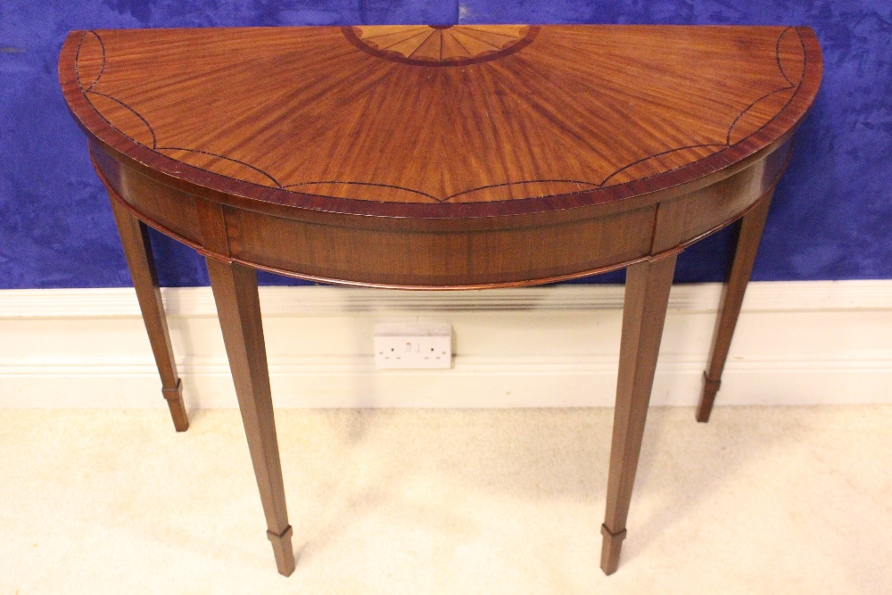 AN EXCEPTIONALLY FINE HEPPLEWHITE STYLE CONSOLE TABLE, with central inlaid fan motif to the top,