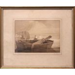 SAMUEL PROUT (1783-1852), "NEAR SALTASH, DEVON", sepia wash over pencil on card, signed lower left