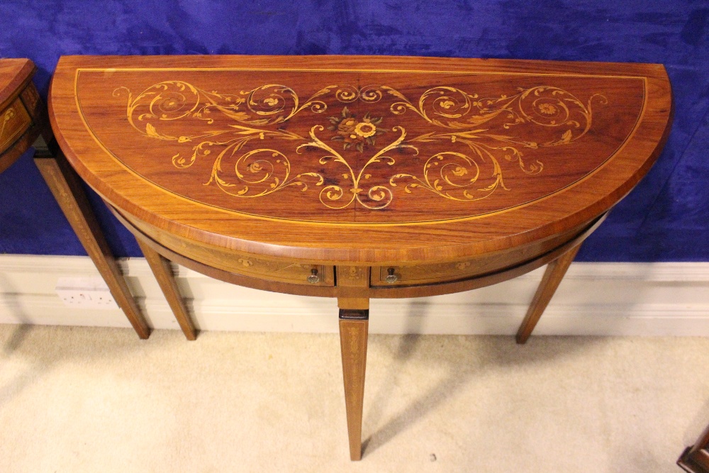 A VERY FINE PAIR OF LATE 19TH CENTURY CROSSBANDED ROSEWOOD DEMI LUNE CONSOLE TABLES, each with a - Image 4 of 6