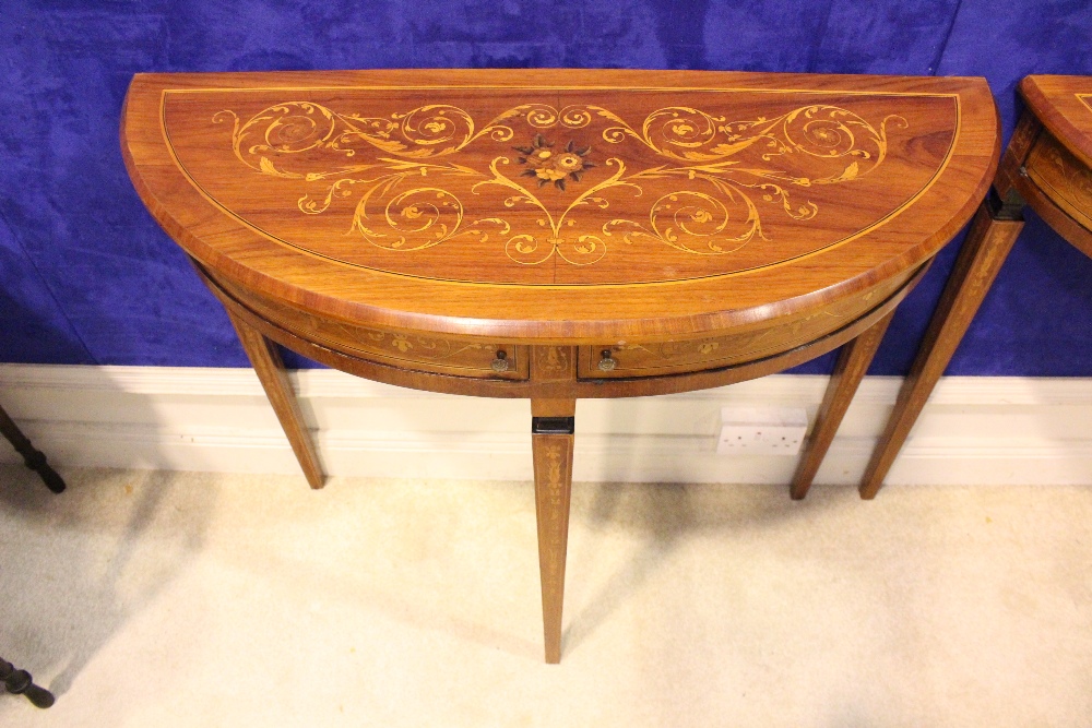 A VERY FINE PAIR OF LATE 19TH CENTURY CROSSBANDED ROSEWOOD DEMI LUNE CONSOLE TABLES, each with a - Image 3 of 6