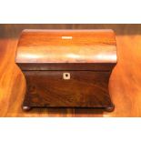 A GEORGE III ROSEWOOD TEA CADDY, of concave sarcophagus form, the curved lid with central mother
