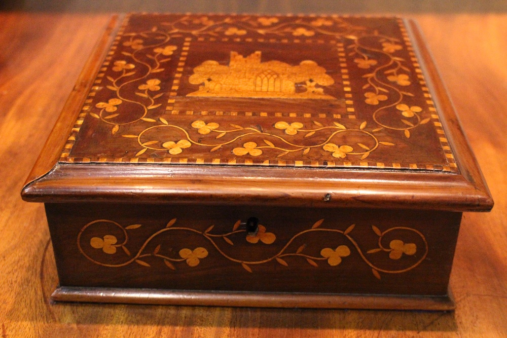 A VERY FINE 19TH CENTURY KILLARNEY-WARE BOX, with central inlaid motif of Muckross Abbey - Image 2 of 4