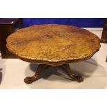 A VERY FINE 19TH CENTURY BURR WALNUT CENTRE / DINING 'FLIP TOP' TABLE, with gadrooned rim, raised on