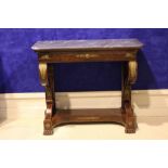 AN EXCEPTIONALLY FINE QUALITY MAHOGANY REGENCY CONSOLE TABLE, with marble top, a single drawer,