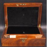 A LATE 19TH CENTURY WRITING BOX, with brass cartouche & key plate, opens to reveal velvet covered