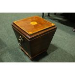 AN EDWARDIAN MAHOGNAY INLAID CELARETTE, with tapered body, brass carry handles, with original fitted