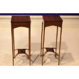 A PAIR OF SATINWOOD JARDINERE STANDS, with hand painted decoration, on tapering leg