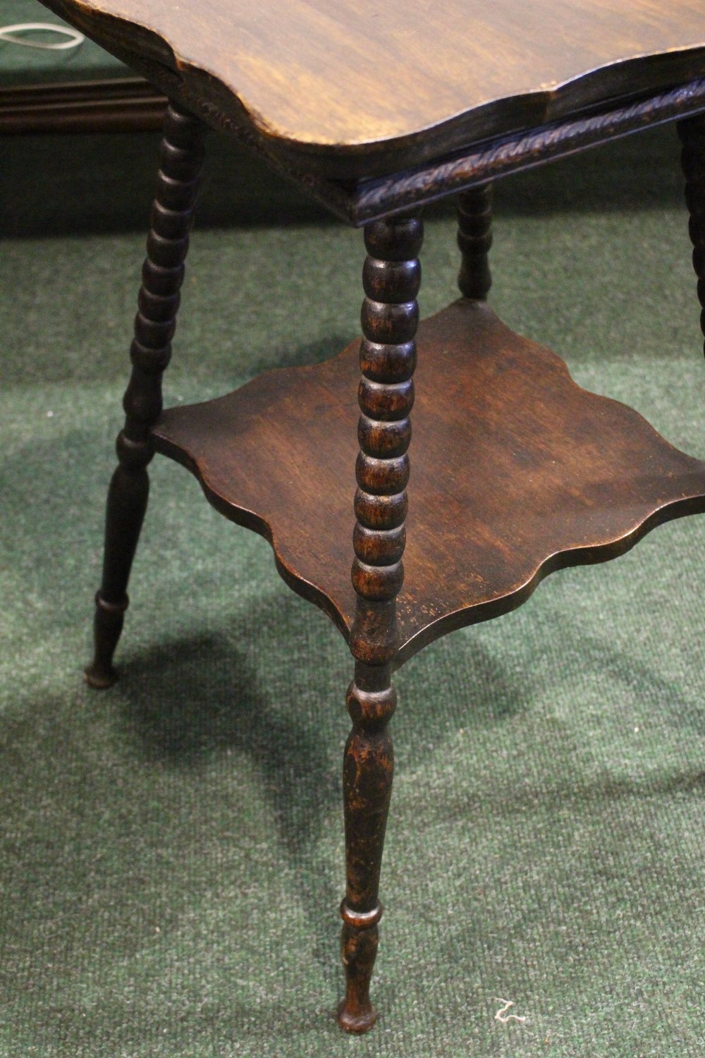 A 19TH CENTURY SERPENTINE SHAPED SIDE TABLE, raised on bobbin turned legs, united by a lower - Image 3 of 5