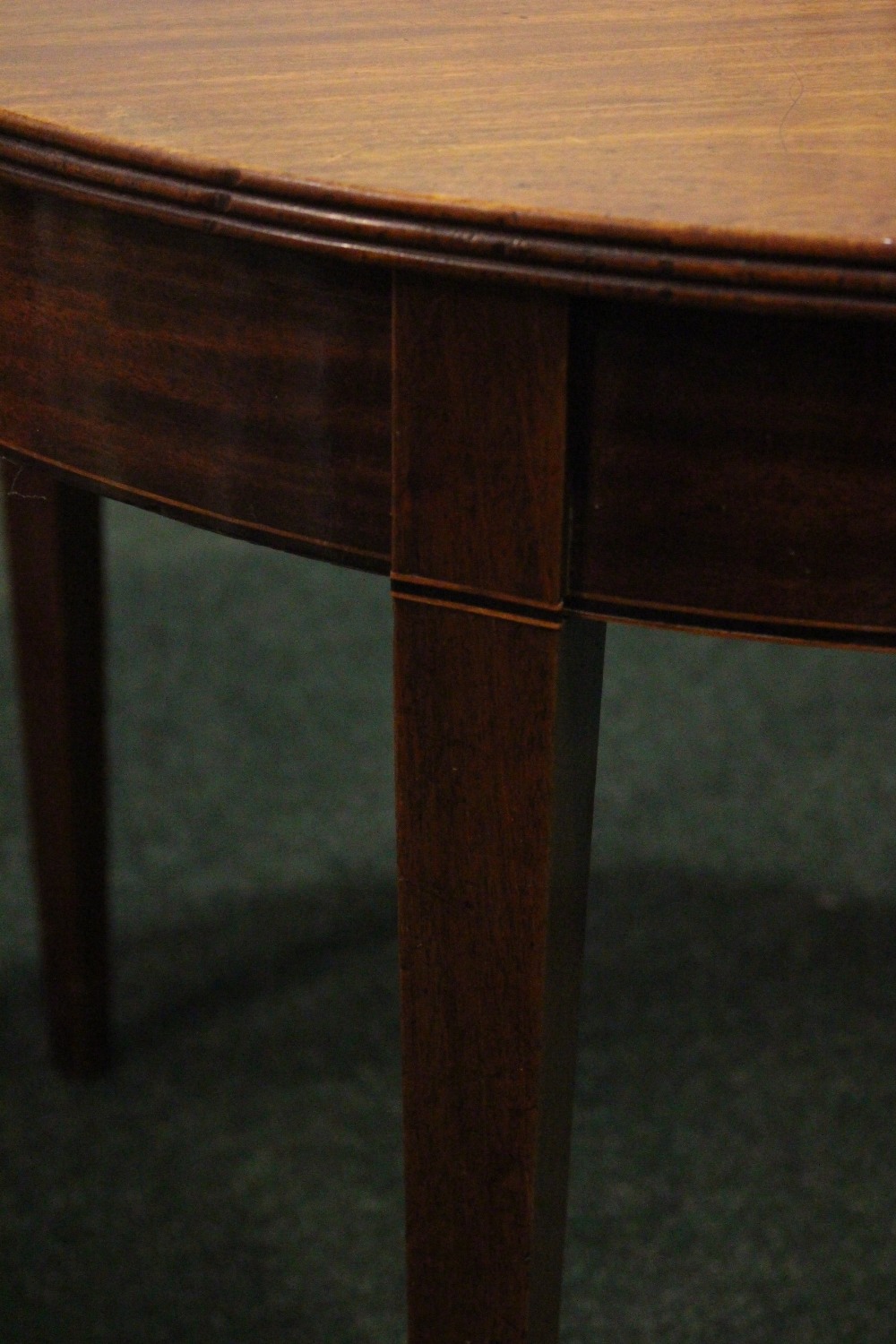 A GOOD QUALITY DEMI-LUNE FOLD OVER CARD TEA TABLE, with reeded rim, raised on tapered leg, having - Image 4 of 5