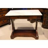 A VERY FINE 19TH CENTURY MARBLE TOPPED CONSOLE TABLE, with arched side pod supports and turned