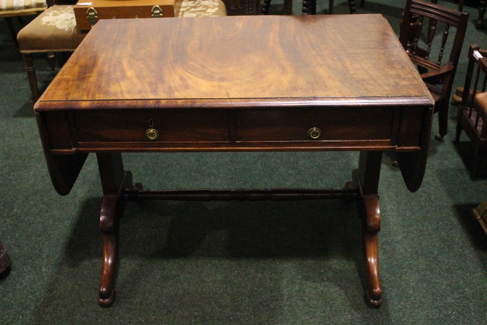 A DROP LEAF SOFA TABLE, with two frieze drawers, raised on a pair of side pod supports with - Image 2 of 5