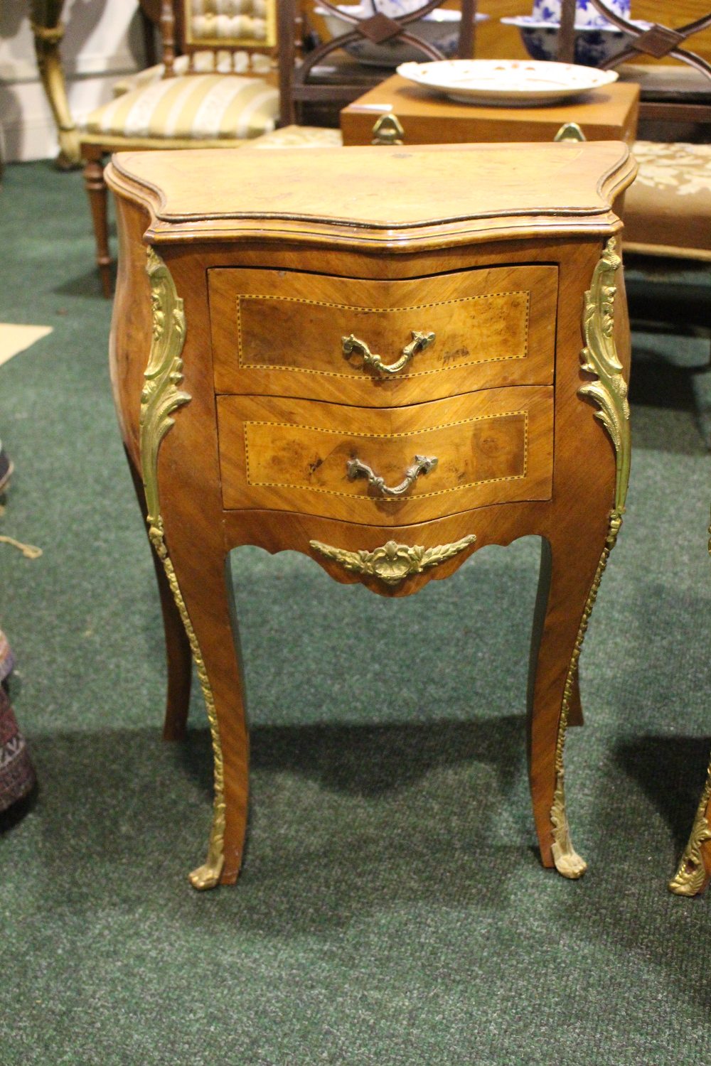 A PAIR OF MIXED WOOD FRENCH STYLE LOCKERS, each with two drawers, raised on cabriole shaped legs - Image 2 of 3