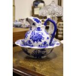 A GOOD QUALITY 'VICTORIA IRONSTONE' PITCHER & BOWL, with floral motif, stamp/mark beneath