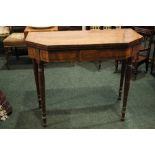 A FINE FOLD OVER CARD TABLE, with cantered corners, crossbanded top, and string inlaid frieze,