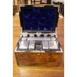 A VERY FINE 19TH CENTURY BURR WALNUT LADIES TRAVELLING VANIETY BOX, with silver topped dressing