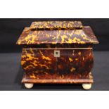 A REGENCY TORTOISE SHELL TEA CADDY, veneered with figured tortoise shell panels divided by silver