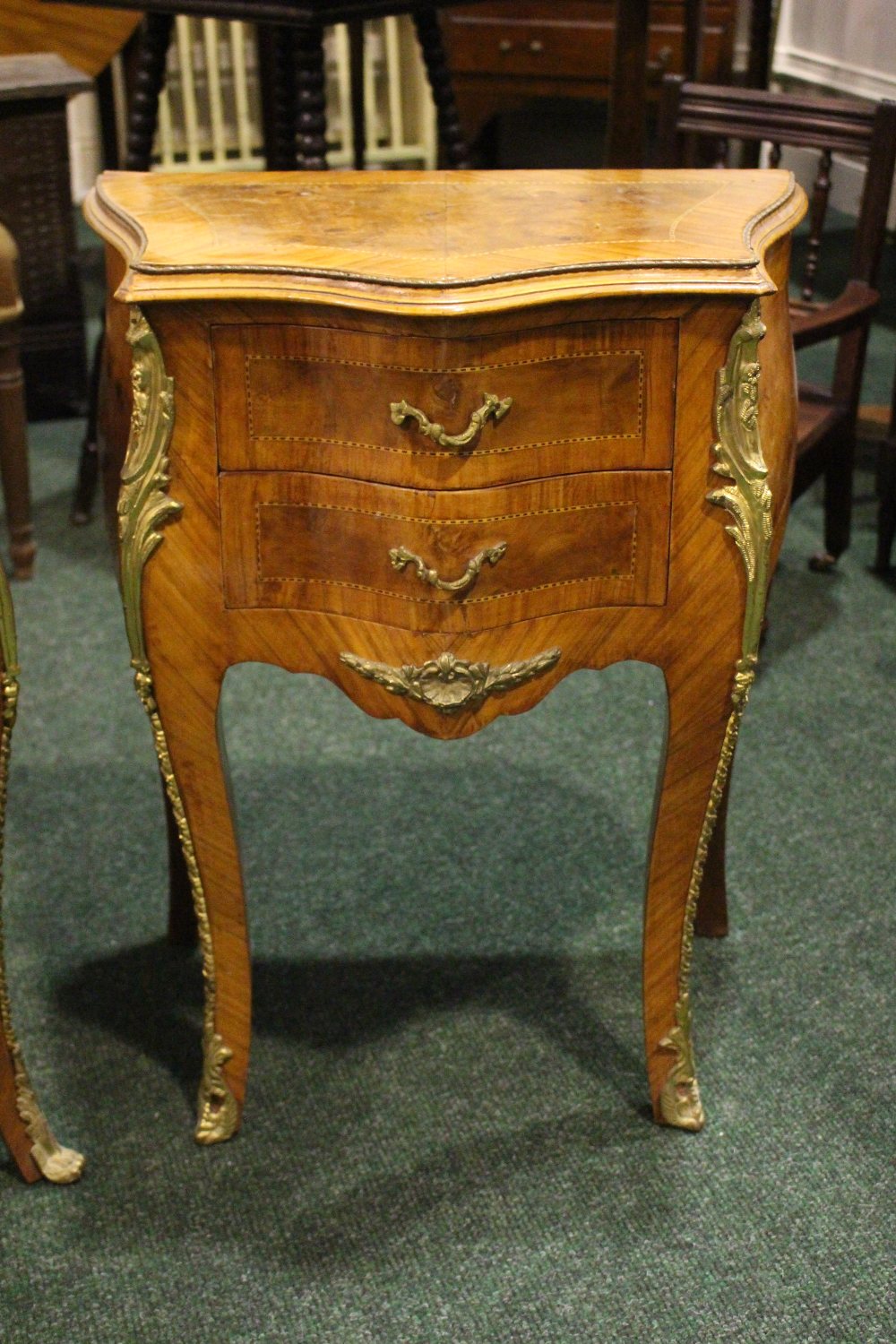 A PAIR OF MIXED WOOD FRENCH STYLE LOCKERS, each with two drawers, raised on cabriole shaped legs - Image 3 of 3