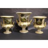 A CROWN DERBY THREE PART GARNITURE, with a large central urn having a painted landscape image of