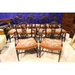 A SET OF FINE 19TH CENTURY HEPPLEWHITE STYLE DINING CHAIRS, with pierced splat backs, curved crest