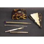 A MIXED LOT OF ITEMS, INCLUDING A 19TH CENTURY TORTOISE SHELL BOX, with 2 pencil holders - 1