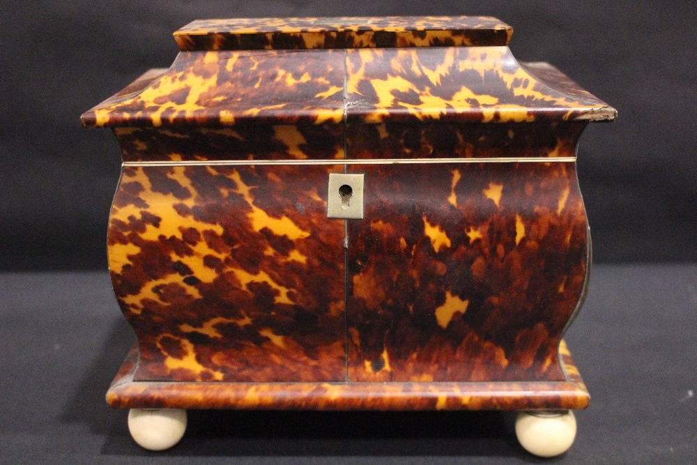 A REGENCY TORTOISE SHELL TEA CADDY, veneered with figured tortoise shell panels divided by silver - Image 2 of 6