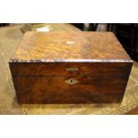 A BURR WOOD WRITING SLOPE / BOX, with compartmented interior, in need of a little restoration, 12" x