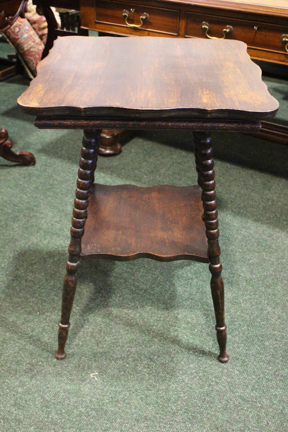 A 19TH CENTURY SERPENTINE SHAPED SIDE TABLE, raised on bobbin turned legs, united by a lower - Image 2 of 5