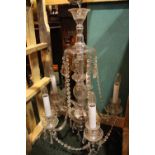 A GOOD QUALITY 5 BRANCH CUT GLASS HANGING CHANDELIER, 33" approx drop, possibly Waterford