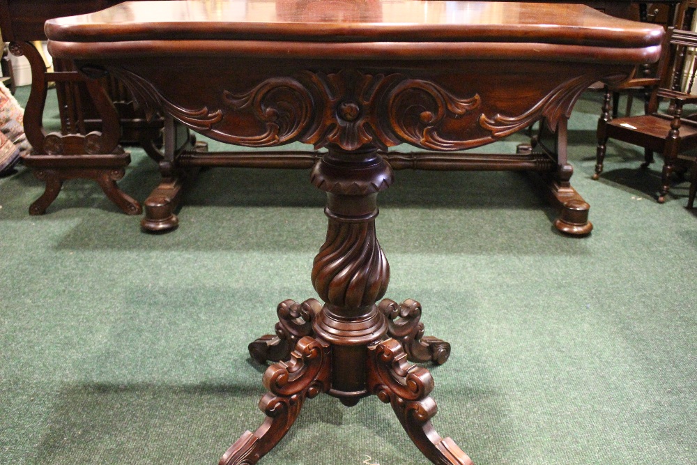 A GOOD QUALITY FOLD OVER CARD TABLE, serpentine shaped, raised on turned and carved column support - Image 2 of 4