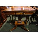 A GOOD QUALITY REGENCY FOLD OVER CARD TABLE, with brass inlaid detail throughout, raised on a curved